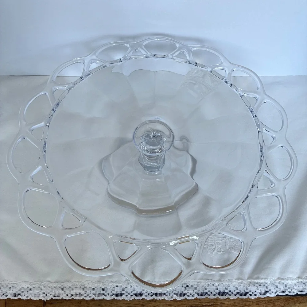 Vtg Crocheted Crystal Cake Stand/Pedestal Imperial Glass Laced Edge Tea Party